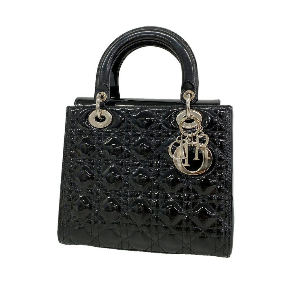 Christian Dior Cannage Lady Handbag, Enamel Black, Women's OP028007